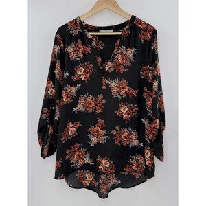 Daniel Rainn Plus‎ Size Black Red Floral Chiffon V-Neck Roll Tab Slv XXL Boho
